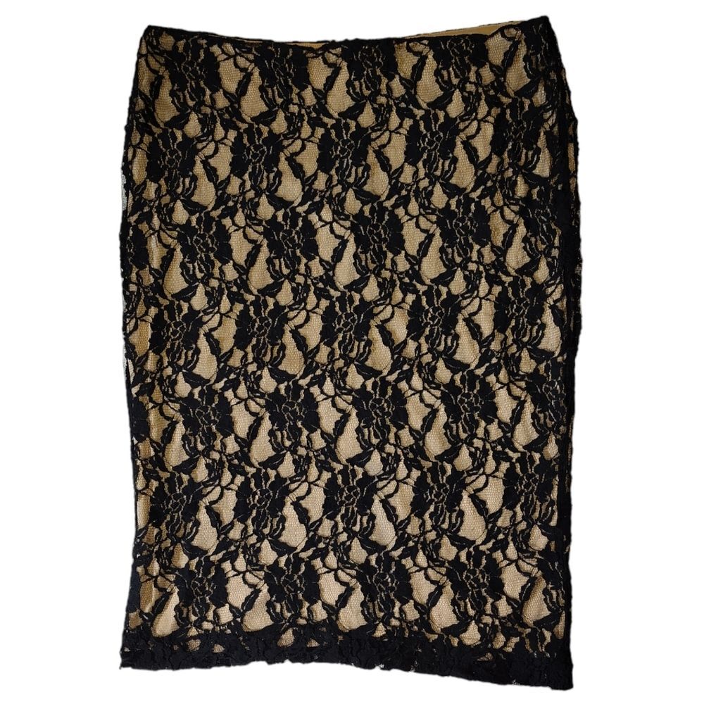 NEWPORT NEWS PENCIL SKIRT SIZE 14 NUDE  BLACK FLORAL LACE BODYCON KNEE LENGTH
